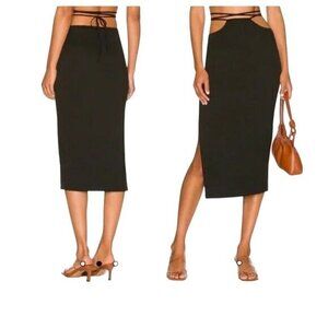 Cutout Midi Skirt Wrap Waist Tie Thigh-High Slit Stretch Black Jersey WeWoreWhat